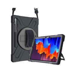 DLH Coque renforcée avec emplacement stylet, bandoulière, poignée rotative et pied support pour SAMSUNG Galaxy Tab S7 FE (SM-T730 / SM-T733 / SM-T735 / SM-T736 / SM-T737) / Galaxy Tab S7+ (SM-T970 / SM-T975 / SM-T976) et Galaxy Tab S8+ (SM-X800 / SM-X806)
