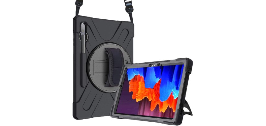 DLH Coque renforcée avec emplacement stylet, bandoulière, poignée rotative et pied support pour SAMSUNG Galaxy Tab S7 FE (SM-T730 / SM-T733 / SM-T735 / SM-T736 / SM-T737) / Galaxy Tab S7+ (SM-T970 / SM-T975 / SM-T976) et Galaxy Tab S8+ (SM-X800 / SM-X806)