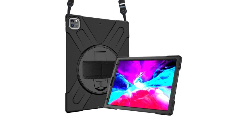 DLH Coque renforcee avec emplacement stylet, bandouliere, poignee rotative et pied support pour Apple iPad Pro 12.9" 5eme génération (2021)