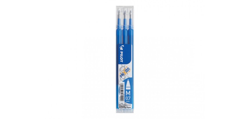 Set de 3 recharges pour roller FriXion Ball. Pointe moyenne 0,7 mm. Encre Bleue ciel