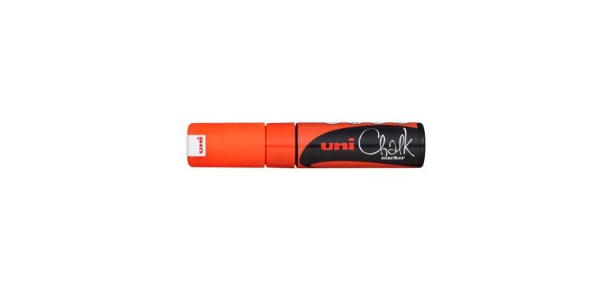 Marqueur craie uniball chalk pointe biseautee large 8mm ideale ardoise vitrine resiste pluie coloris orange fluo