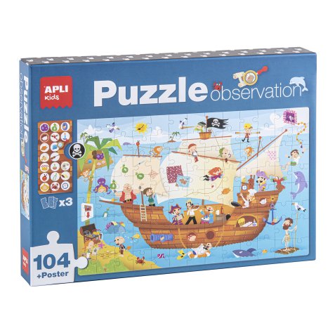 Puzzle d'observation sur le thème du bateau pirate. 104 pièces. À partir de 5 ans.