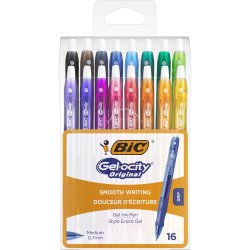 Stylo bic gelocity original pointe moyenne 0,7mm encre    gel retractable coloris       assortis pack semi-rigide 16