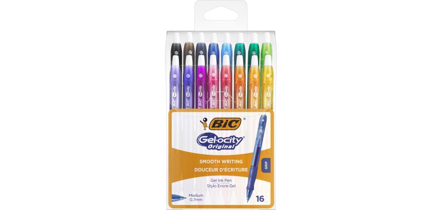 Stylo bic gelocity original pointe moyenne 0,7mm encre    gel retractable coloris       assortis pack semi-rigide 16