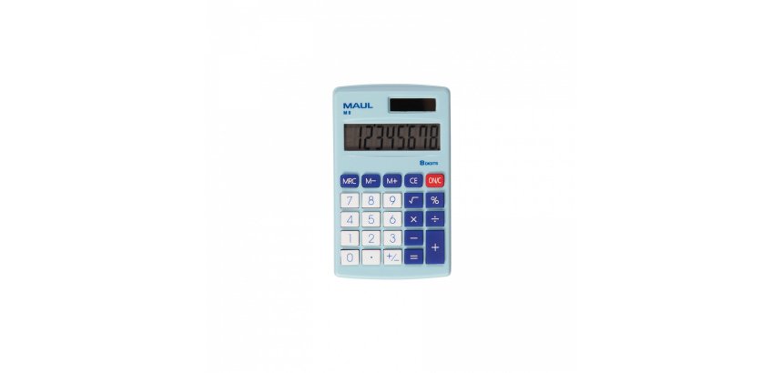 Calculatrice maul poche m8 8 chiffres ecran 1 ligne 3 touches memoires touche pourcentage calcul racines coloris bleu