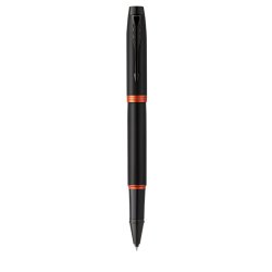 Stylo roller parker im vibrant rings noir laque      details orange vif pointe     fine encre noir etui cadeau