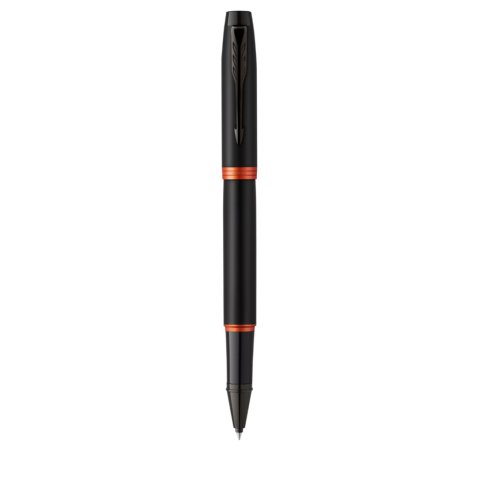 Stylo roller parker im vibrant rings noir laque      details orange vif pointe     fine encre noir etui cadeau