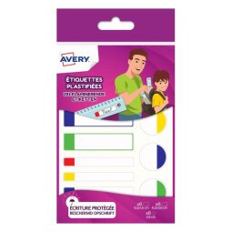 Sachet de 24 Etiquettes Plastifiées Blanc avec bordure Vert/Bleu/Jaune/Rouge, format assortis