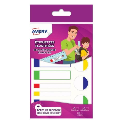 Sachet de 24 Etiquettes Plastifiées Blanc avec bordure Vert/Bleu/Jaune/Rouge, format assortis