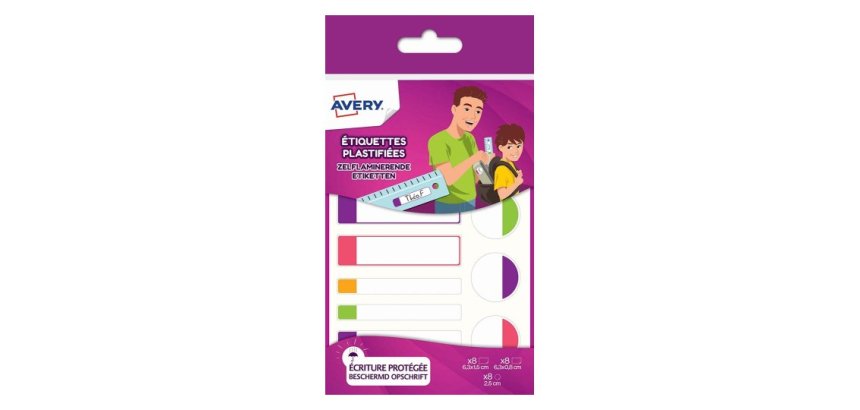 Boîte de 24 étiquettes plastifiées. 3 formats assortis. Coloris assortis fluorescents