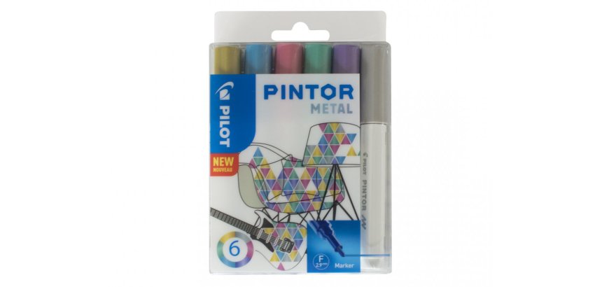 Marqueurs a pigment pilot pintor metal mix pointe fine  or bleu rose vert violet      argent - pochette de 6 un