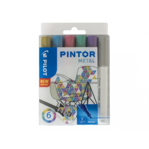 Marqueurs a pigment pilot pintor metal mix pointe fine  or bleu rose vert violet      argent - pochette de 6 un