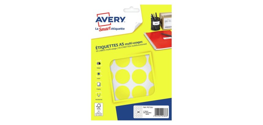 Etiquette avery multi-usages diam. 30 mm impression laser  / jet d'encre / copieur       coloris jaune 240 unites
