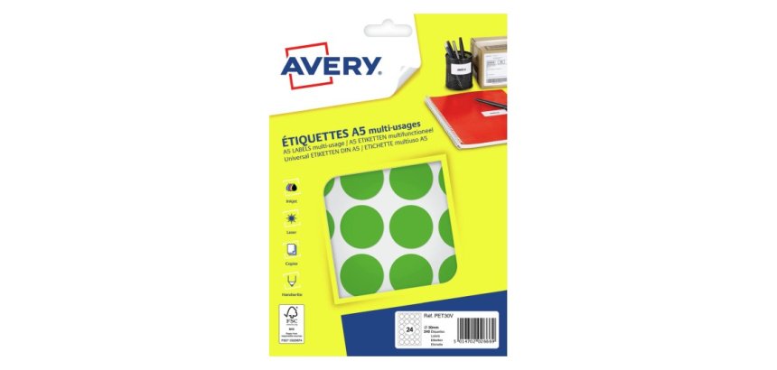 Etiquette avery multi-usages diam. 30 mm impression laser  / jet d'encre / copieur       coloris vert 240 unites
