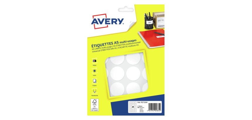 Pastille adhésive imprimable Ø 30 mm Avery blanche - Boîte de 384