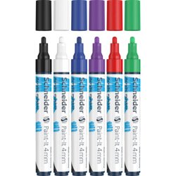 Marqueur acrylique schneider paint it 320 4mm pochette de  6 couleurs assorties (noir,   bleu, rouge blanc violet,