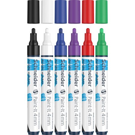 Marqueur acrylique schneider paint it 320 4mm pochette de  6 couleurs assorties (noir,   bleu, rouge blanc violet,