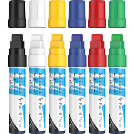 Marqueur acrylique schneider paint it 330 15mm pochette de 6 couleurs assorties (noir,   bleu, rouge blanc violet,