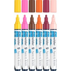 Marqueur acrylique schneider paint it 320 4mm pochette de  6 couleurs assorties (jaune,  brun, bourgogne, rose,