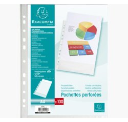 Sachet de 100 pochettes perforées polypropylène grainé 5/100e - A4 - Cristal