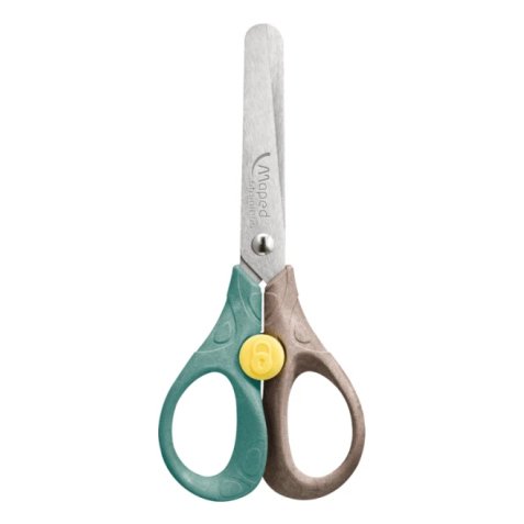 Ciseaux SECURITY 13 cm SMILING PLANET, bouton de sécurité, bois FSC, blister 100% carton, assortis