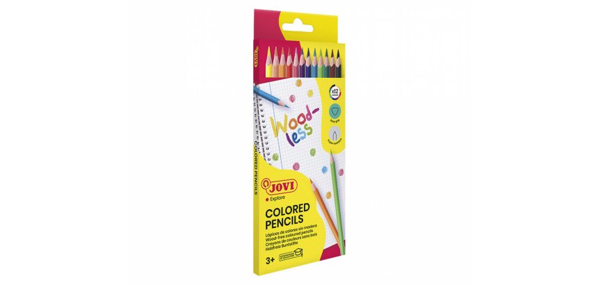 Crayon couleur jovi woodless triangulaire mine resistante  haut pouvoir couvrant inodore couleurs vives etui 12 unites