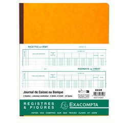 Piqûre 32x25cm Journal de caisse ou banque 5 débit - 5 crédit 33 lignes 80 pages - Couleurs assorties