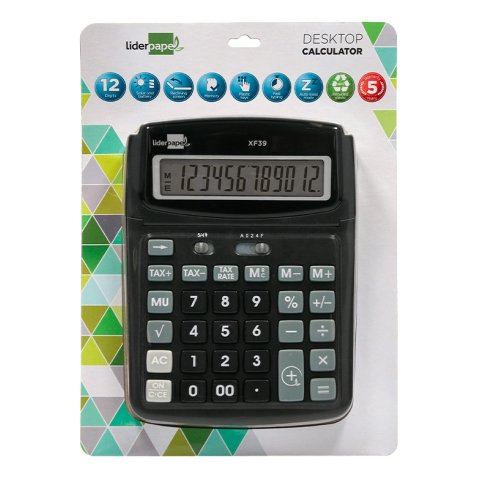 Calculatrice de bureau liderpapel xf39 12 chiffres   solaire et piles 190x140x32mm coloris noir