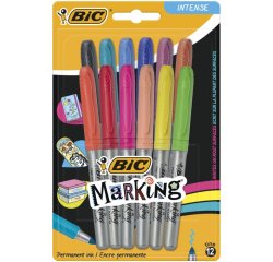 Marqueur bic permanent marking pointe ogive trace 1.8mm encre base alcool coloris intenses assortis blister 12 unités