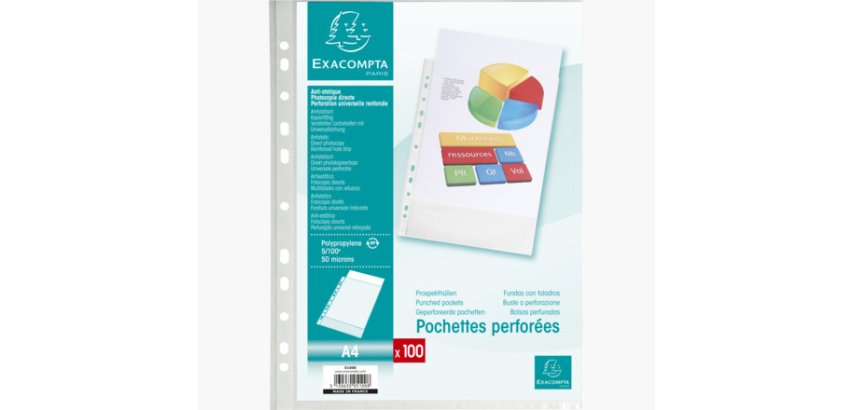 Sachet de 100 pochettes perforées polypropylène grainé 5/100e - A4 - Cristal