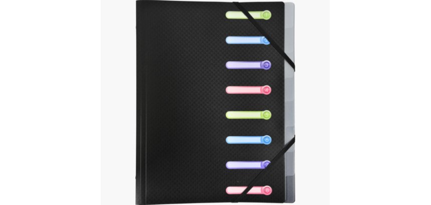 Trieur exacompta 3 rabats polypropylène a4+ 8 compartiments fenêtres fermeture élastique coloris noir