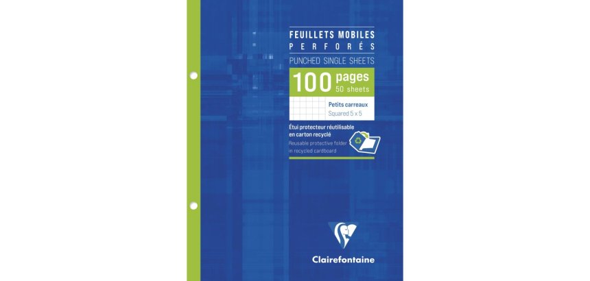 Feuillets mobiles sous étui 17x22 cm 100 pages perforées 2 trous petits carreaux