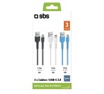 SBS Câble USB Kit câbles USB C-USB A, 1m20 noir,blanc,bleu