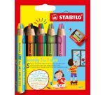 Crayon stabilo woody 3 en 1 duo multi-talents mine bicolore pointe 10mm taille-crayon inclus etui 5 unites assorties