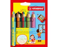 Crayon stabilo woody 3 en 1 duo multi-talents mine bicolore pointe 10mm taille-crayon inclus etui 5 unites assorties