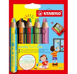 Crayon stabilo woody 3 en 1 duo multi-talents mine bicolore pointe 10mm taille-crayon inclus etui 5 unites assorties