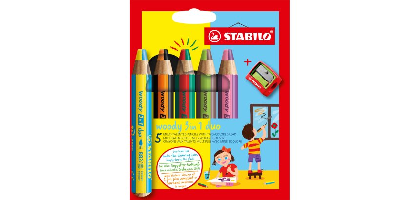 Crayon stabilo woody 3 en 1 duo multi-talents mine bicolore pointe 10mm taille-crayon inclus etui 5 unites assorties