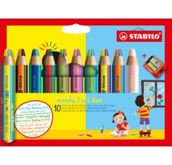 Crayon stabilo woody 3 en 1 duo multi-talents mine bicolore pointe 10mm taille-crayon inclus etui 10 unites assorties