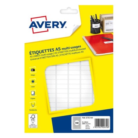 Zelfklevende etiketten voor inktjet- en laserprinter 8 x 20 mm Avery ETE144 wit - 2304 stuks