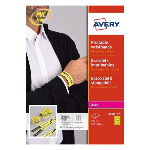 Sachet de 50 Bracelets d identification imprimables Laser Jaune 26,5 x 1,8 cm