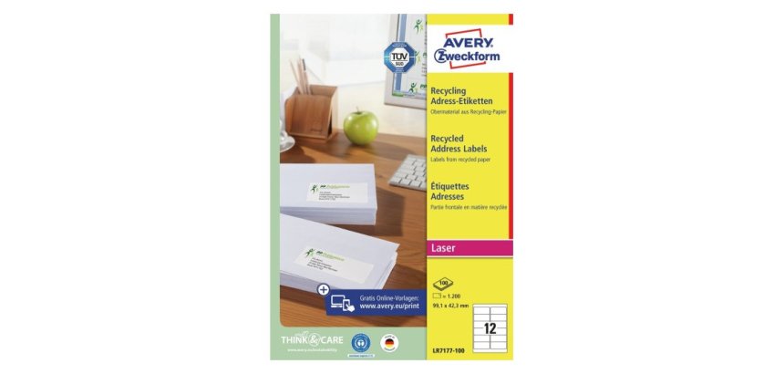 Etiquette autocollante avery adresse recyclee laser blanc  99,1 x 42,3mm boite de 1200