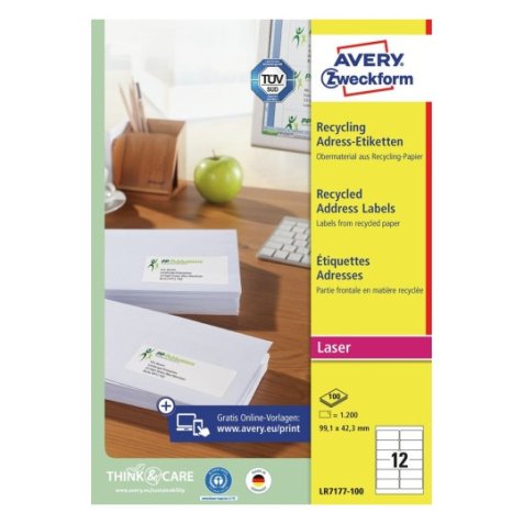 Etiquette autocollante avery adresse recyclee laser blanc  99,1 x 42,3mm boite de 1200