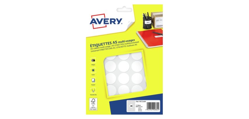 Bedruckbare Aufkleber Ø 24 mm Avery weiß - Box mit 640 Stück