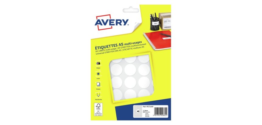 Pastille adhésive imprimable Ø 24 mm Avery blanche - Boîte de 640