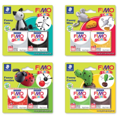 Lot 4 kits FIMO® KIDS FUNNY : carottes, petits pois, saucisses frites, papier toilettes.