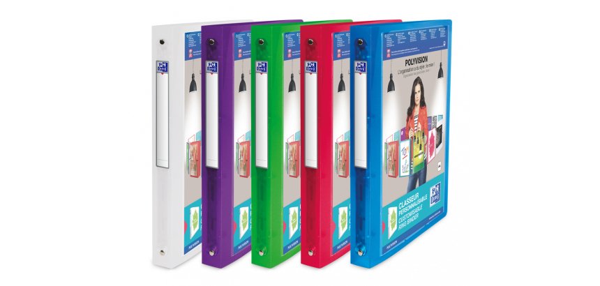 Classeur Oxford polyvision a4 dos 30mm 4 anneaux ronds couverture polypro translucide coloris assortis