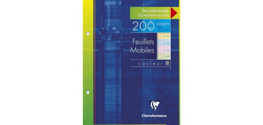 Feuillets mobiles couleur sous étui 17x22 cm 200 pages perforés grands carreaux papier Couleur aléatoire 50 pages bleues, 50 pages rose, 50 pages vertes, 50 pages jaunes - Assortis
