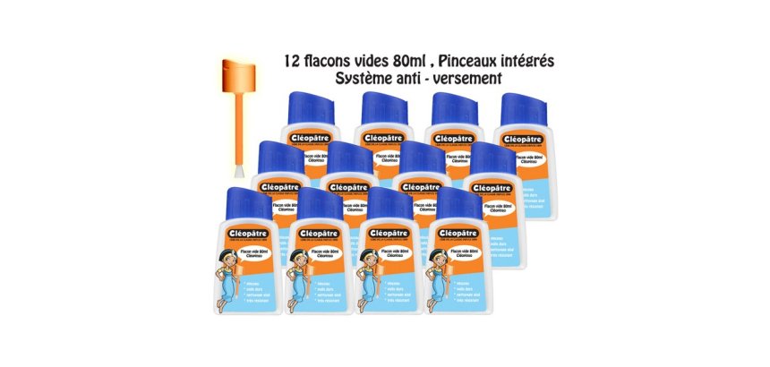Flacon vide cléopâtre colle liquide bouchon pinceau système anti-renversement lot 12 flacons vides 80 ml