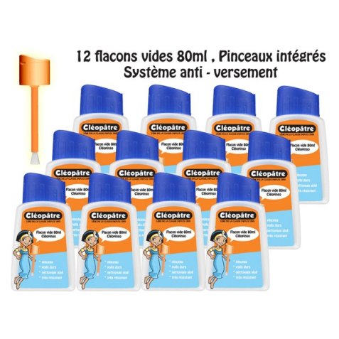 Lot de 12 flacons vides 80ml / bouchon avec pinceau intégré