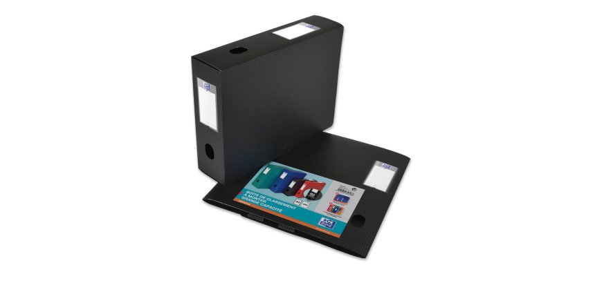 Boîte Oxford grande capacité Memphis à plat 24x32cm dos 80mm avec bouton pression couverture polypro noir